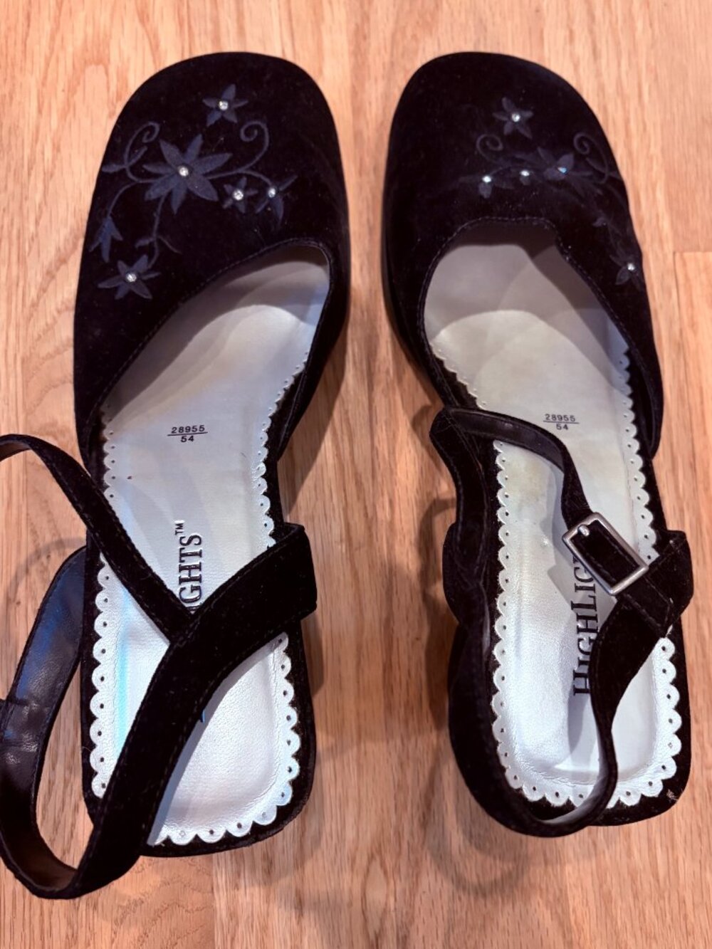 Highlights Women's Black Velvet Ankle Strap Shoes with Sparkles Size 8.5